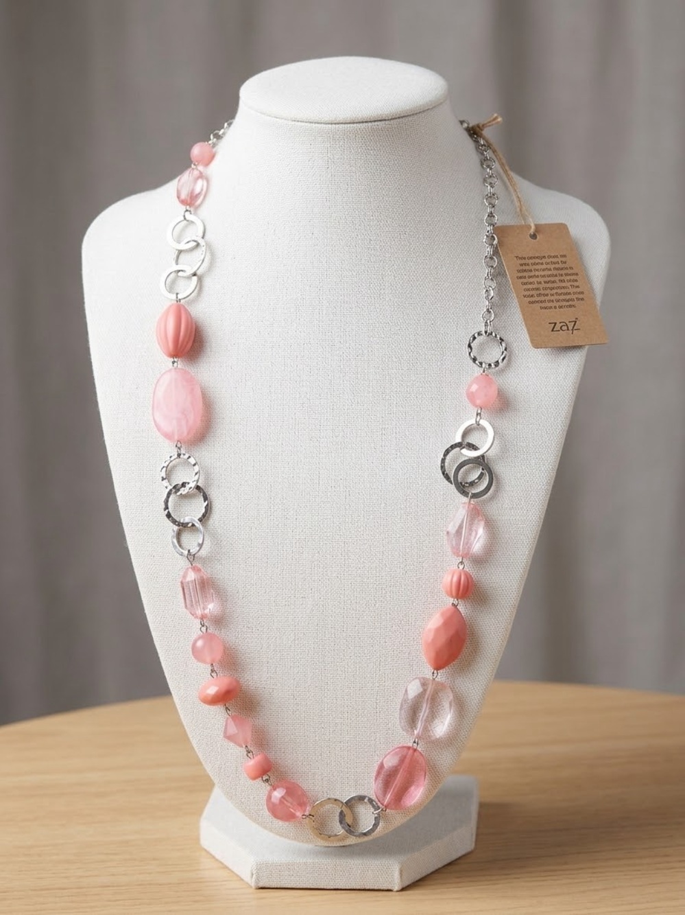 Pink Beaded Statement Necklace With Silver Accent Chain